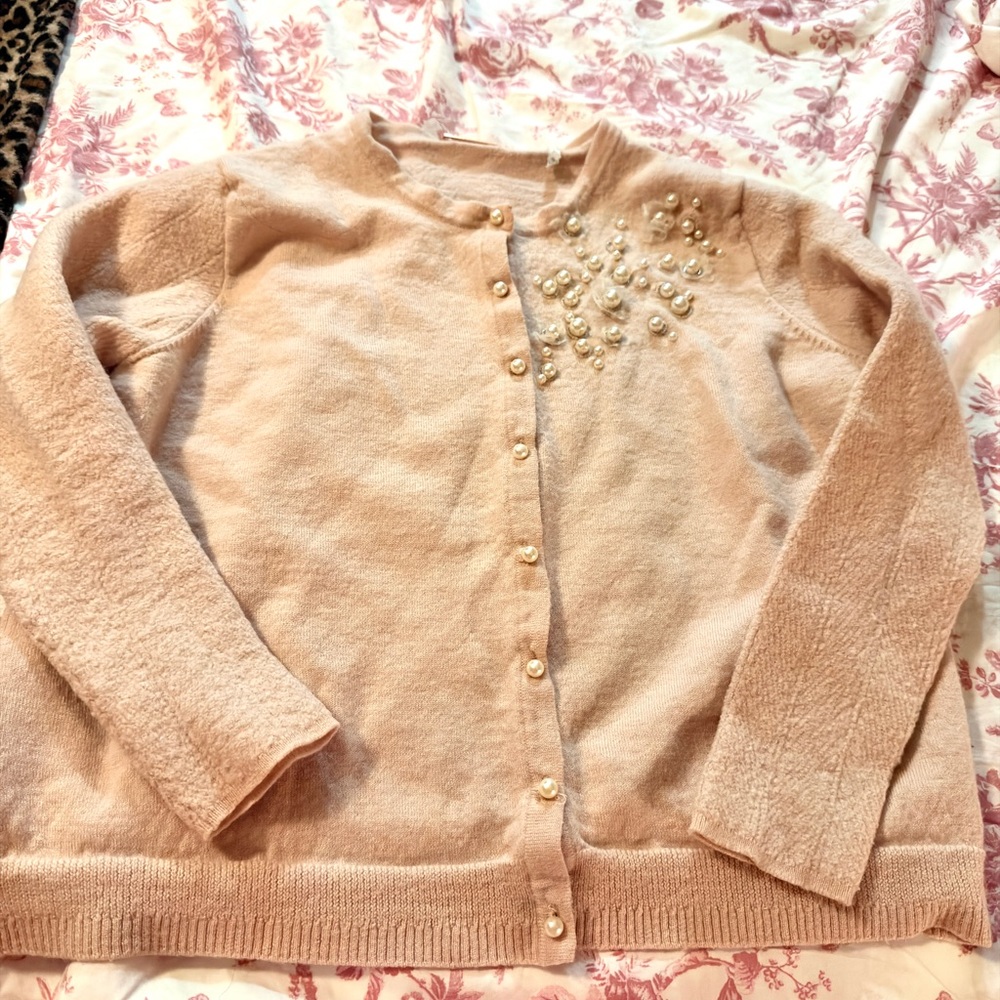 Elie Tahari Blush Pink Pearl Cluster Button-Front Cardigan